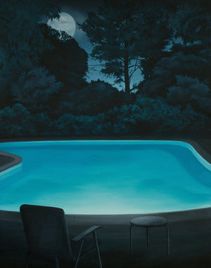 After Midnight 2024 — illuminated pool at night with empty chair and moon through trees, limited edition archival pigment print by South African artist Andrew Kayser