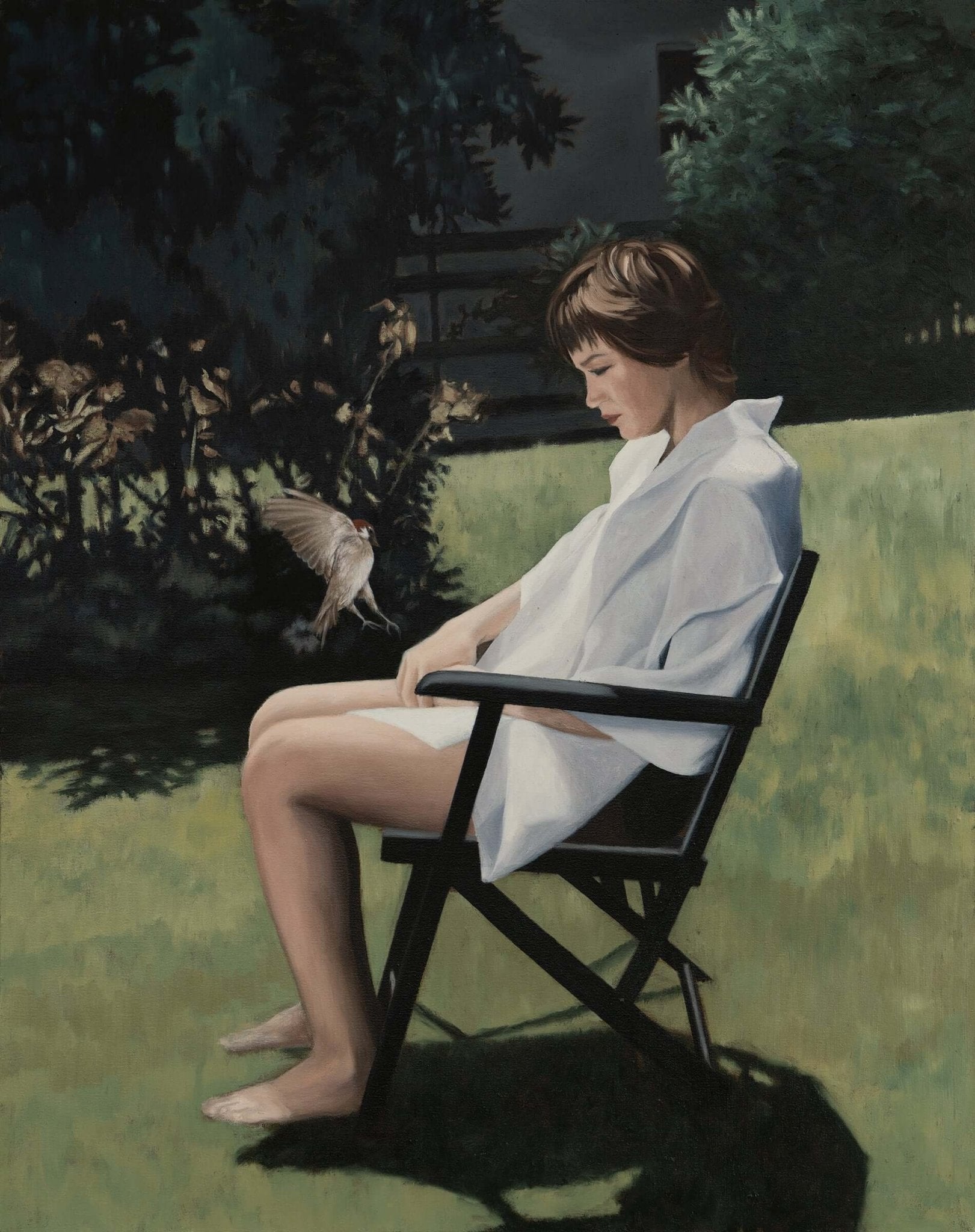 Otium 2024 — woman seated in sunlit garden with sparrow in flight, limited edition archival pigment print by South African artist Andrew Kayser